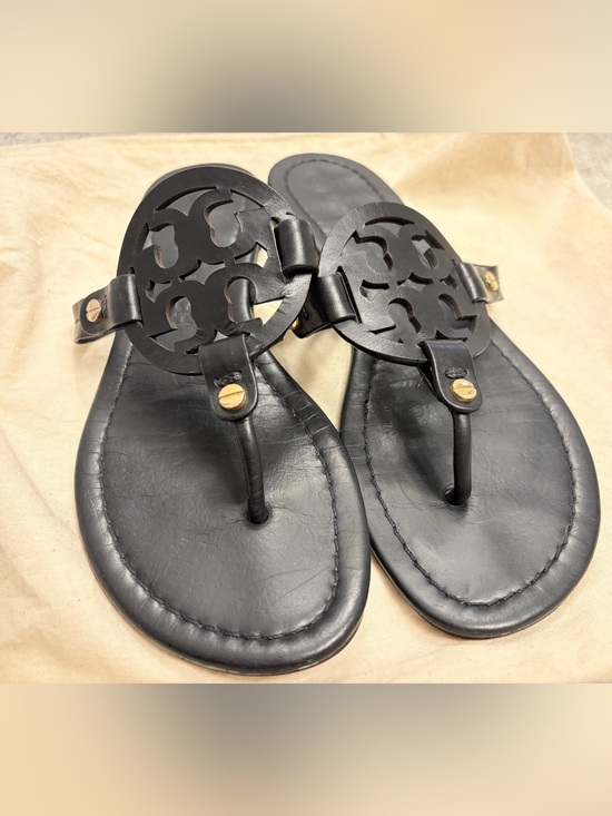 Tory Burch Shoes - Tory Burch Black Leather Logo Thong Sandals with Gold Accents